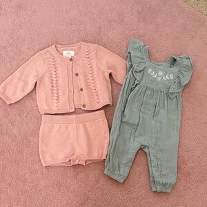0-3m Pink Knit Cardigan and Shorts Set with Green Romper